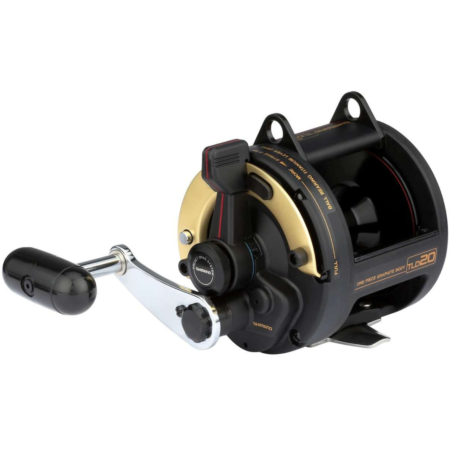 Fishing reel with black and gold design on a white background
