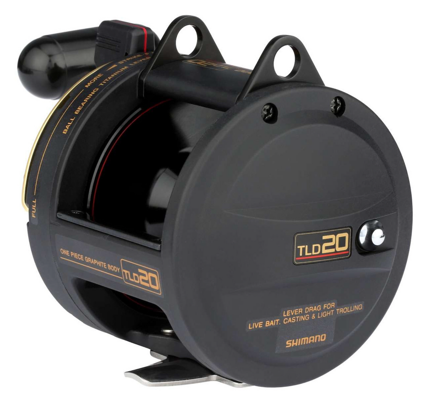 Fishing reel with black and gold design on a white background