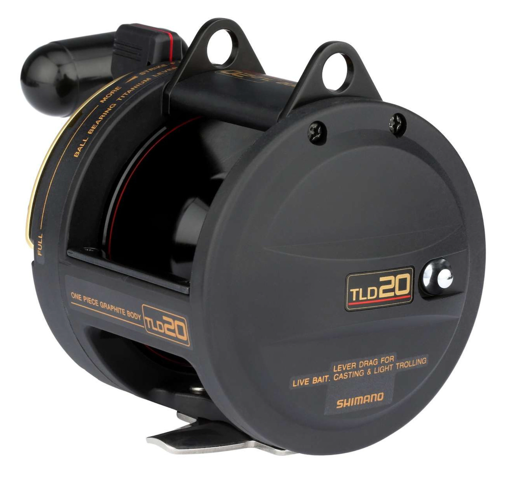 Fishing reel with black and gold design on a white background