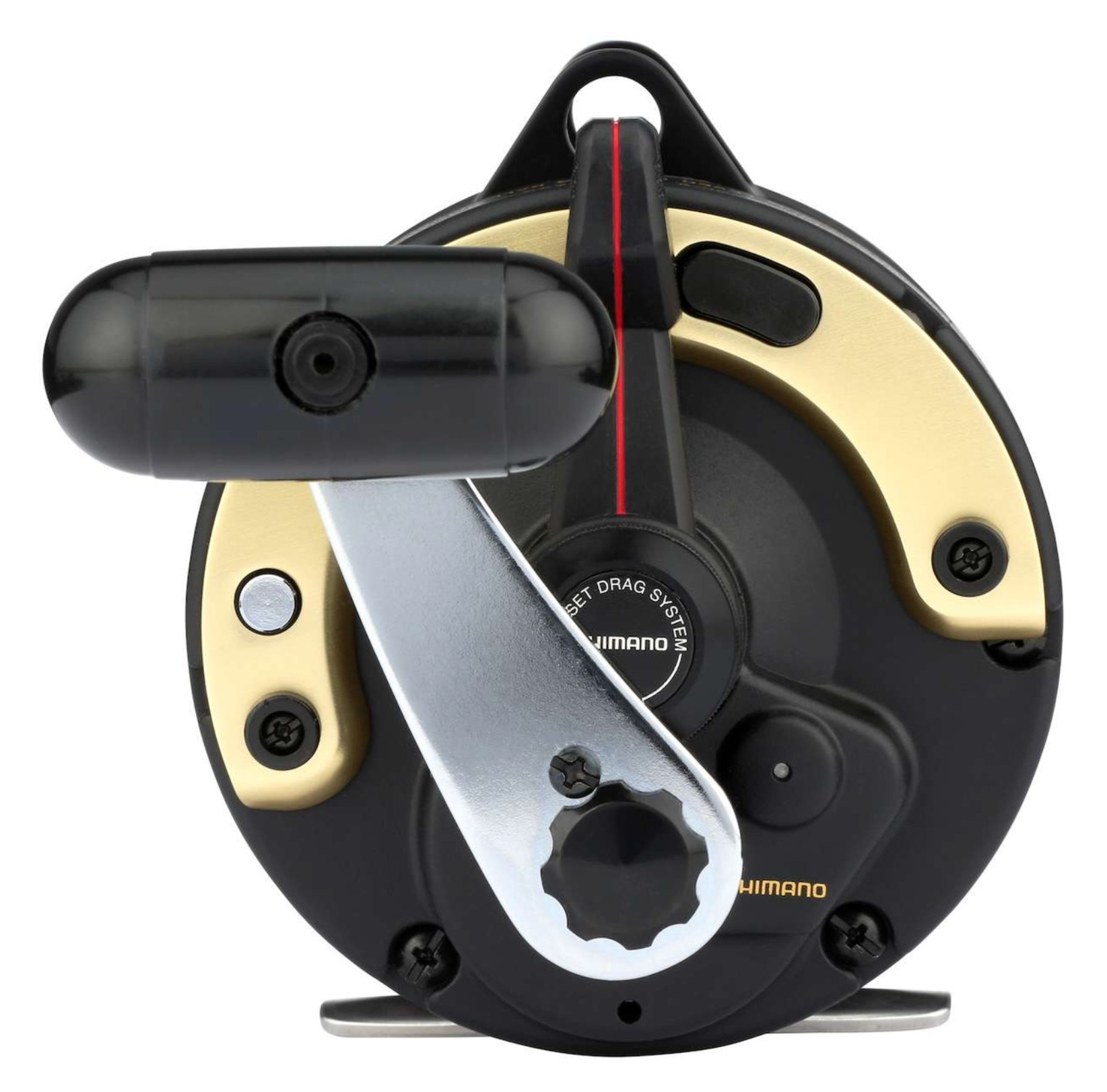 Fishing reel with black and gold design on a white background