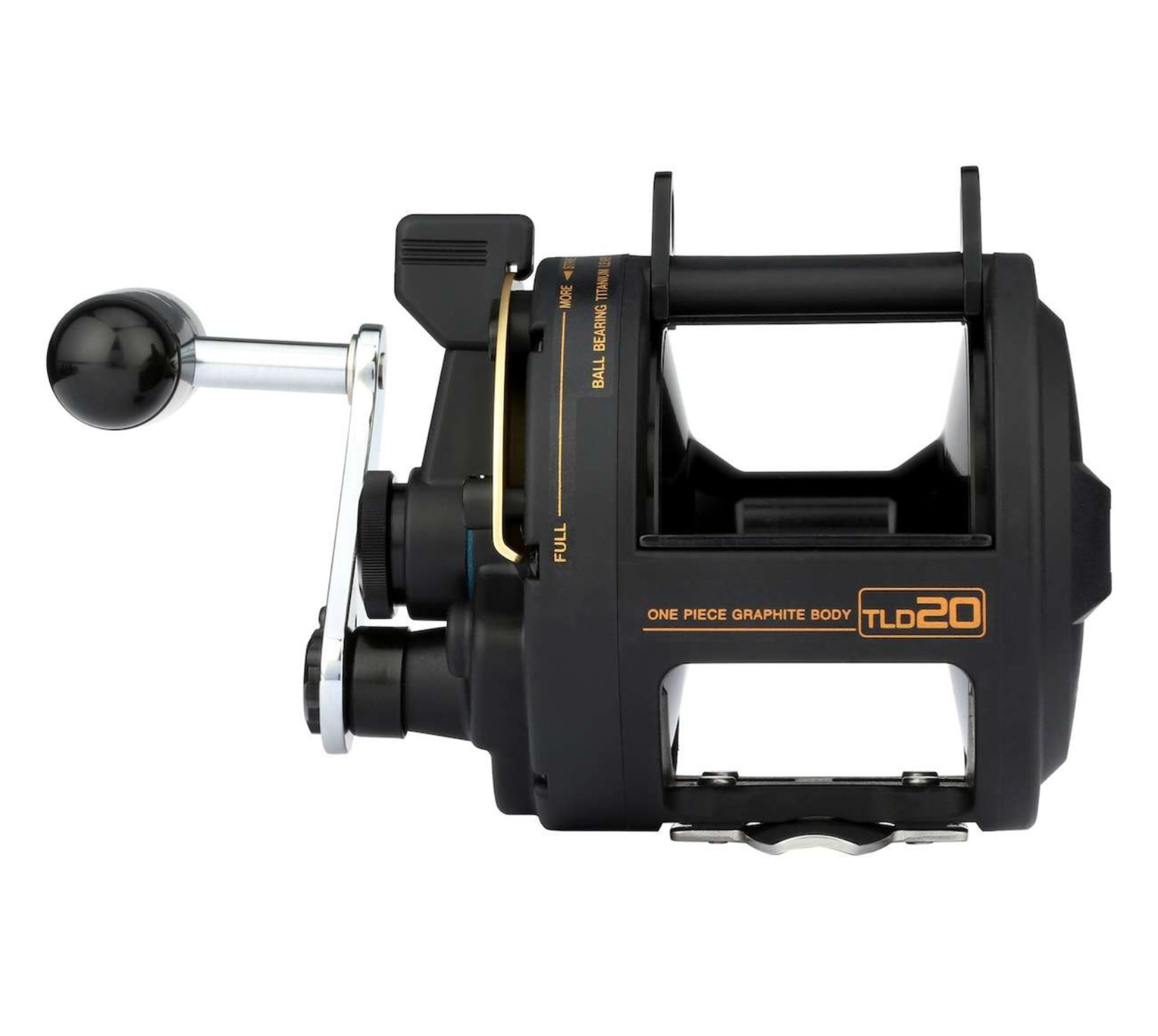 Fishing reel with black and gold design on a white background