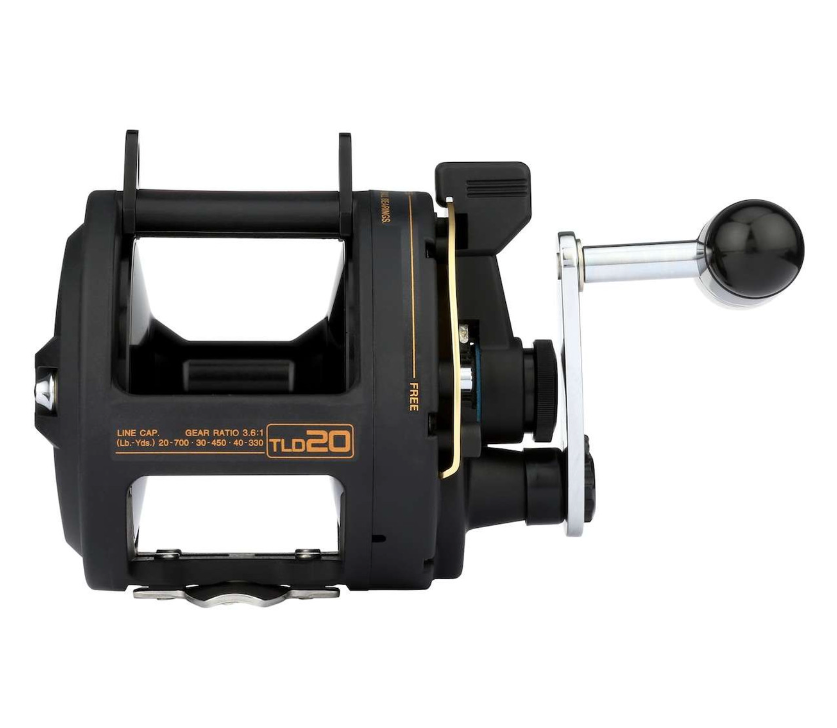 Fishing reel with black and gold design on a white background
