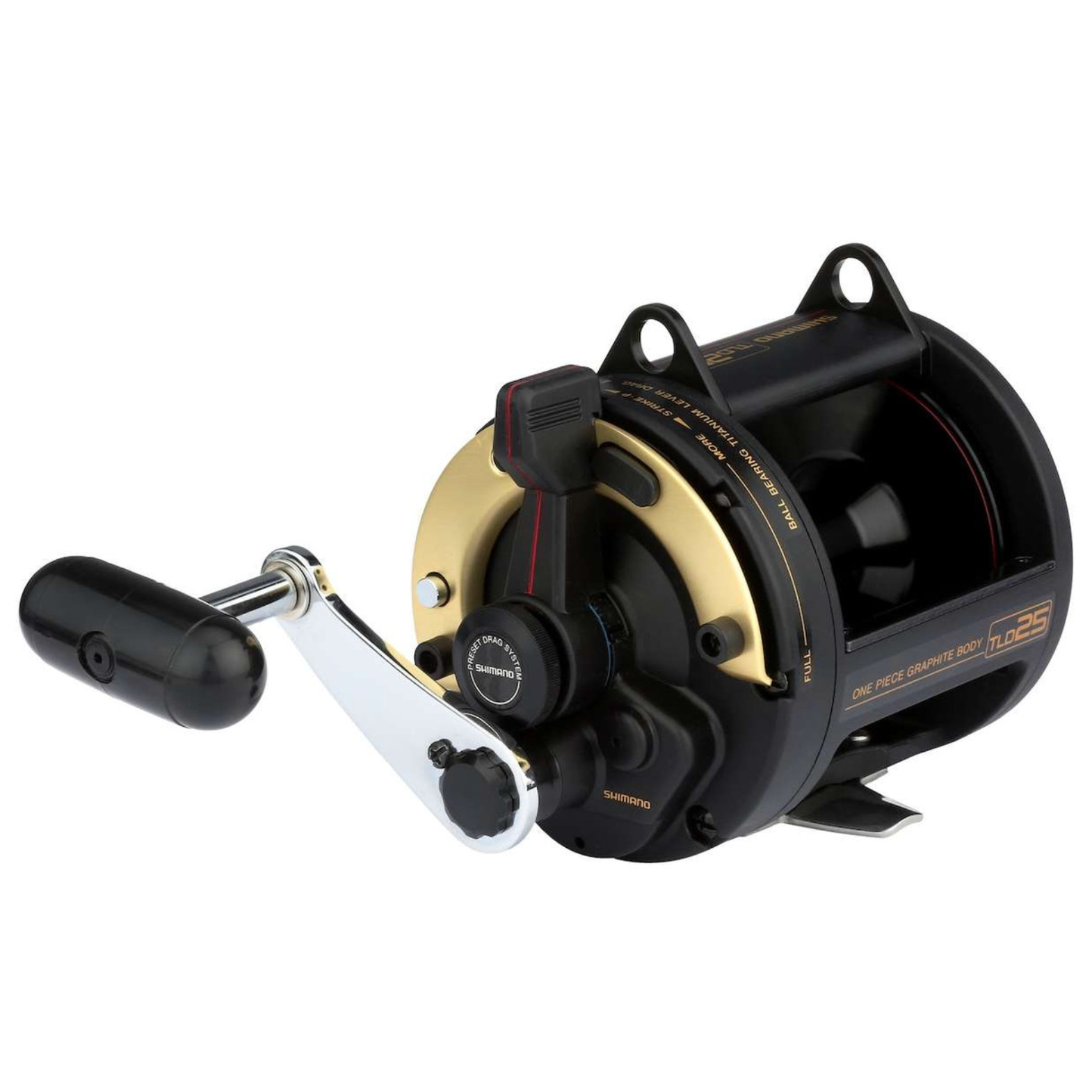 Fishing reel with black and gold design on a white background
