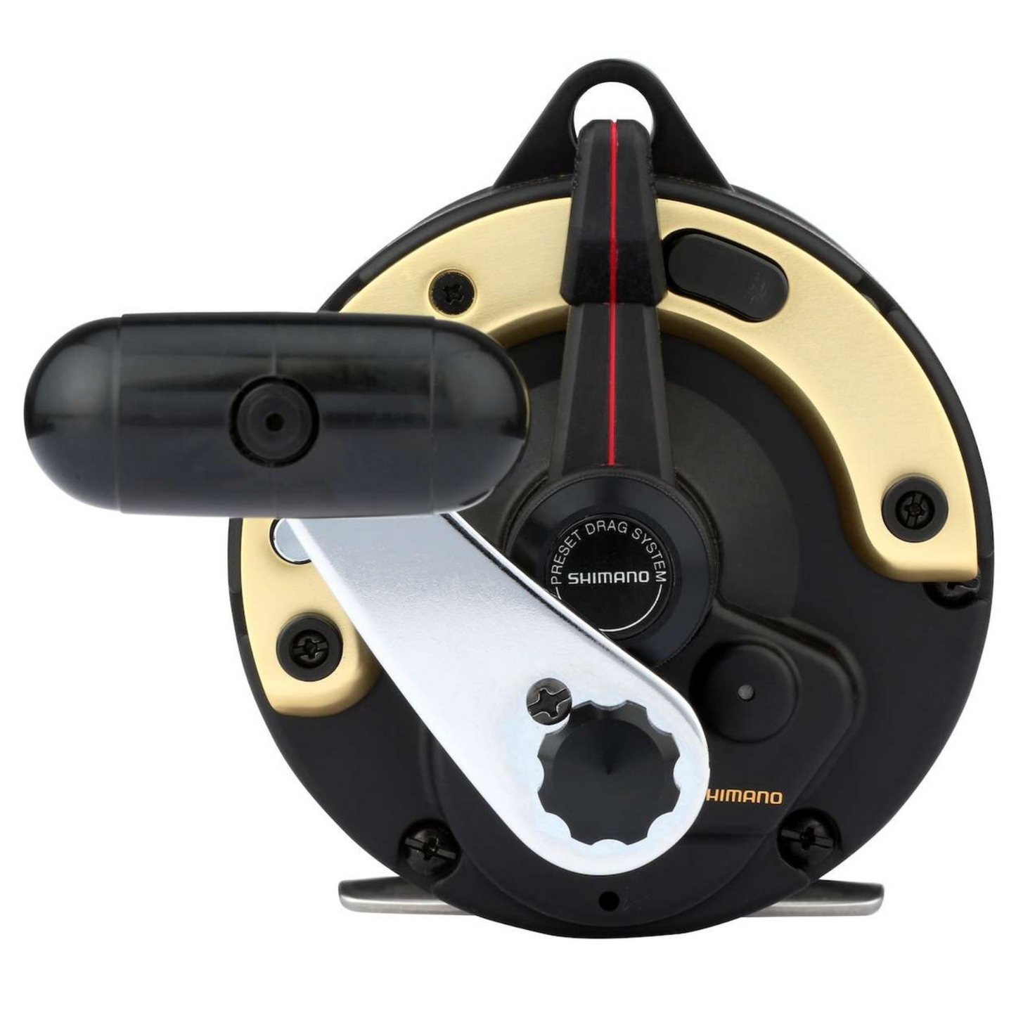 Shimano fishing reel with black and gold design on a white background