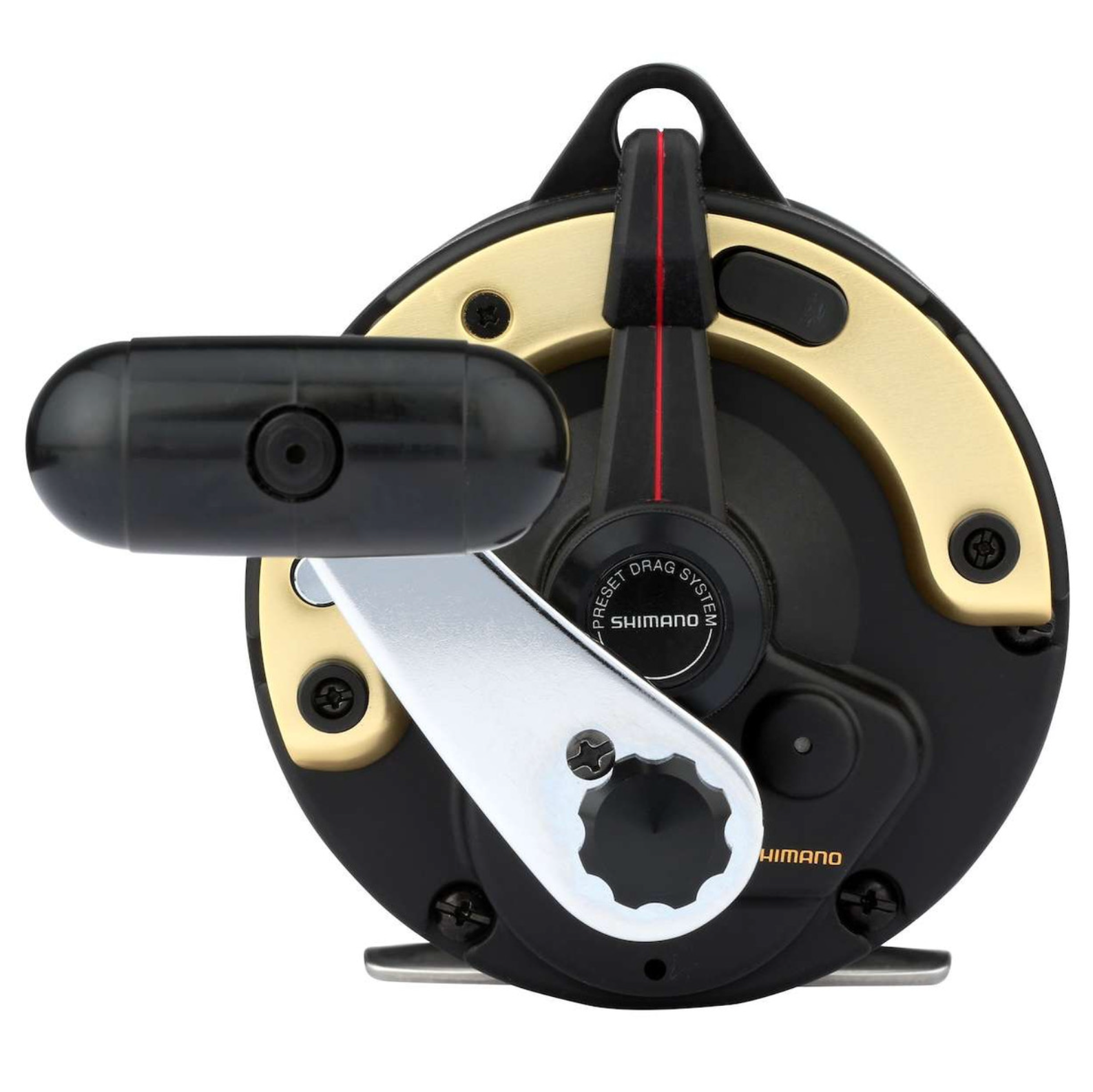 Shimano fishing reel with black and gold design on a white background