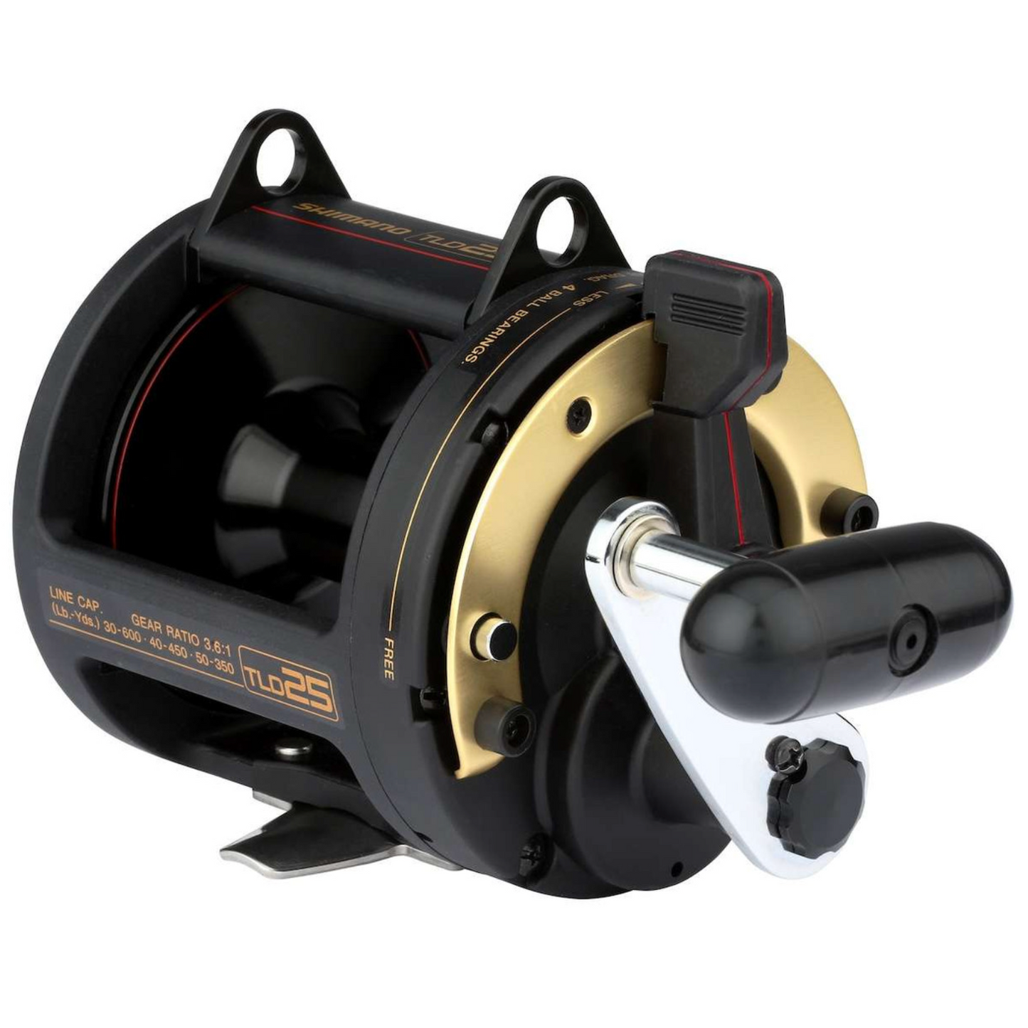 Fishing reel with black and gold design on a white background