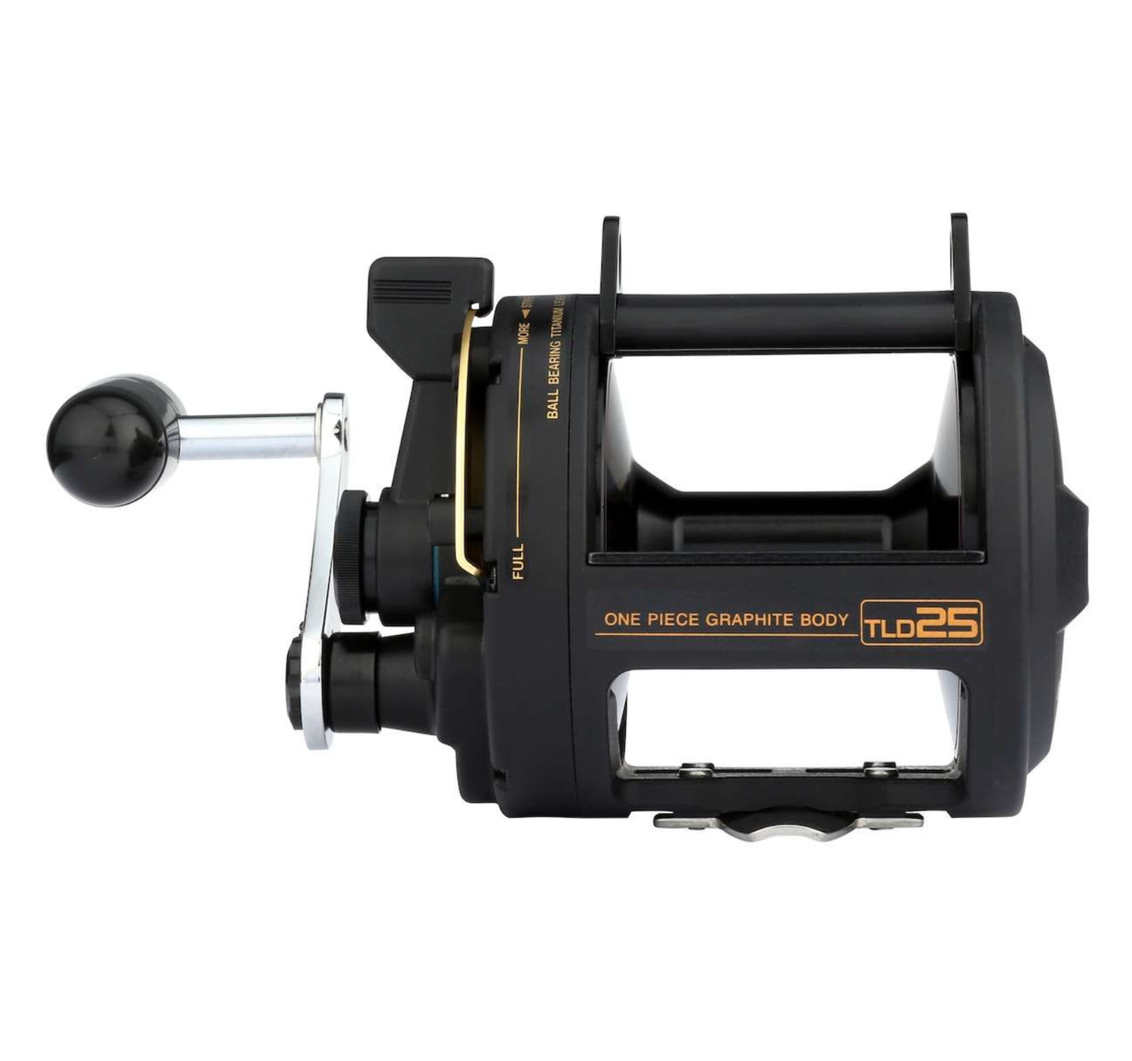 Shimano fishing reel with black and gold design on a white background