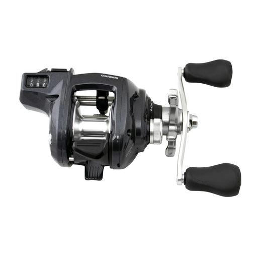 Fishing reel with black and silver design on a white background