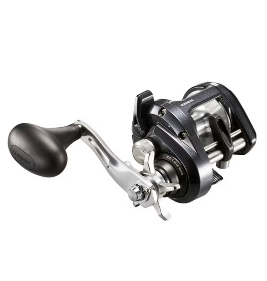 Fishing reel with a black and silver design on a white background