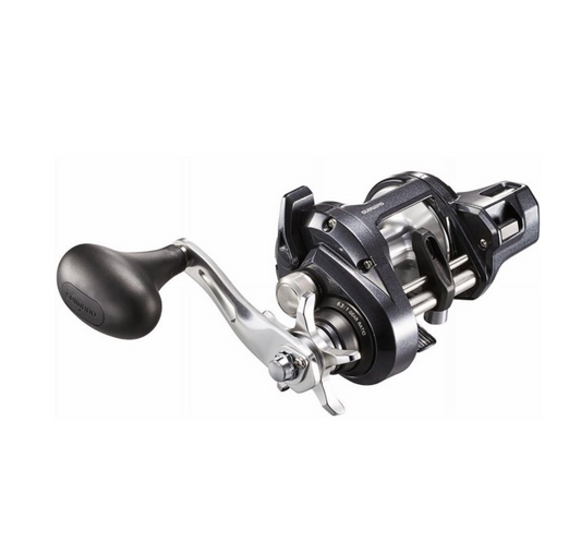 Fishing reel with a black and silver design on a white background