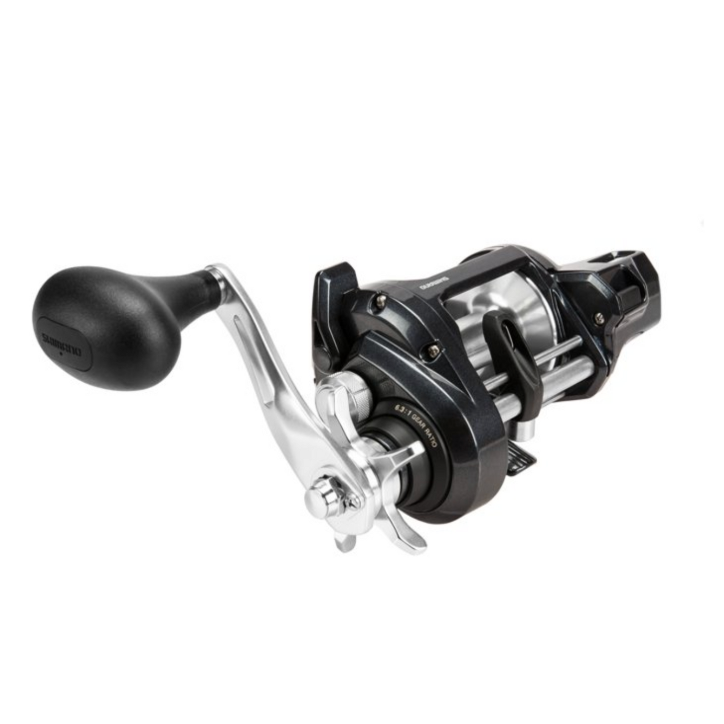 Fishing reel with a black handle on a white background