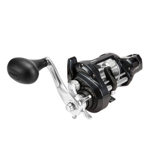 Fishing reel with a black handle on a white background