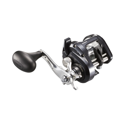 Fishing reel with black and silver design on a white background