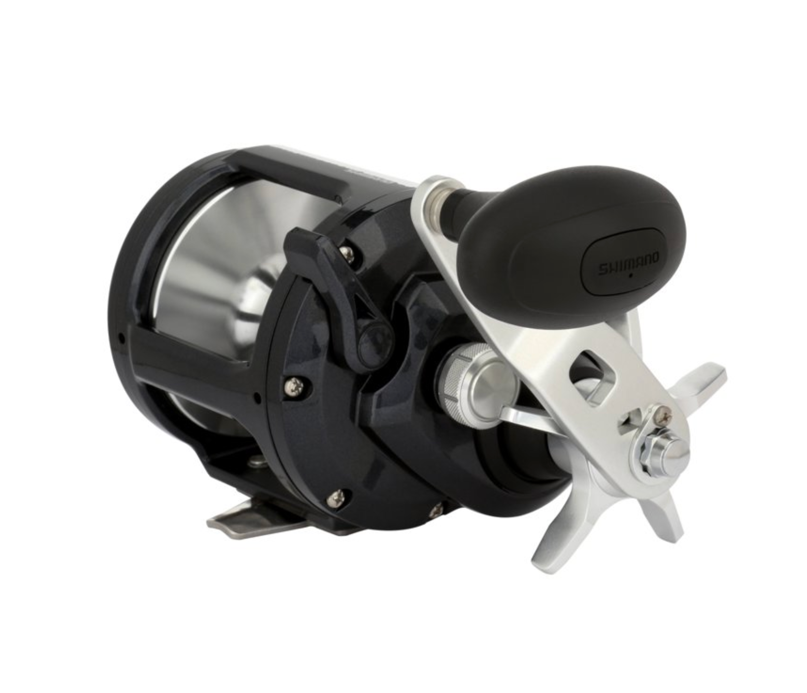 Fishing reel with black and silver design on a white background
