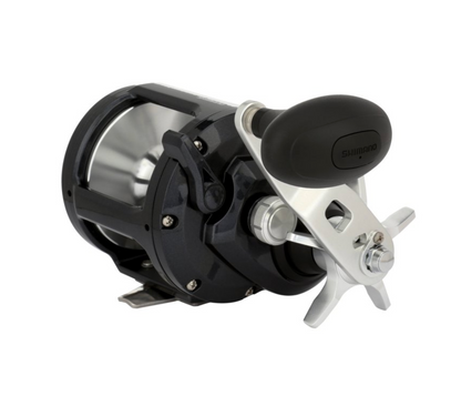 Fishing reel with black and silver design on a white background