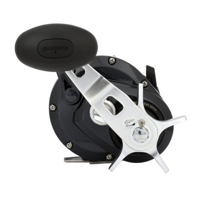 Fishing reel with black and silver design on a white background