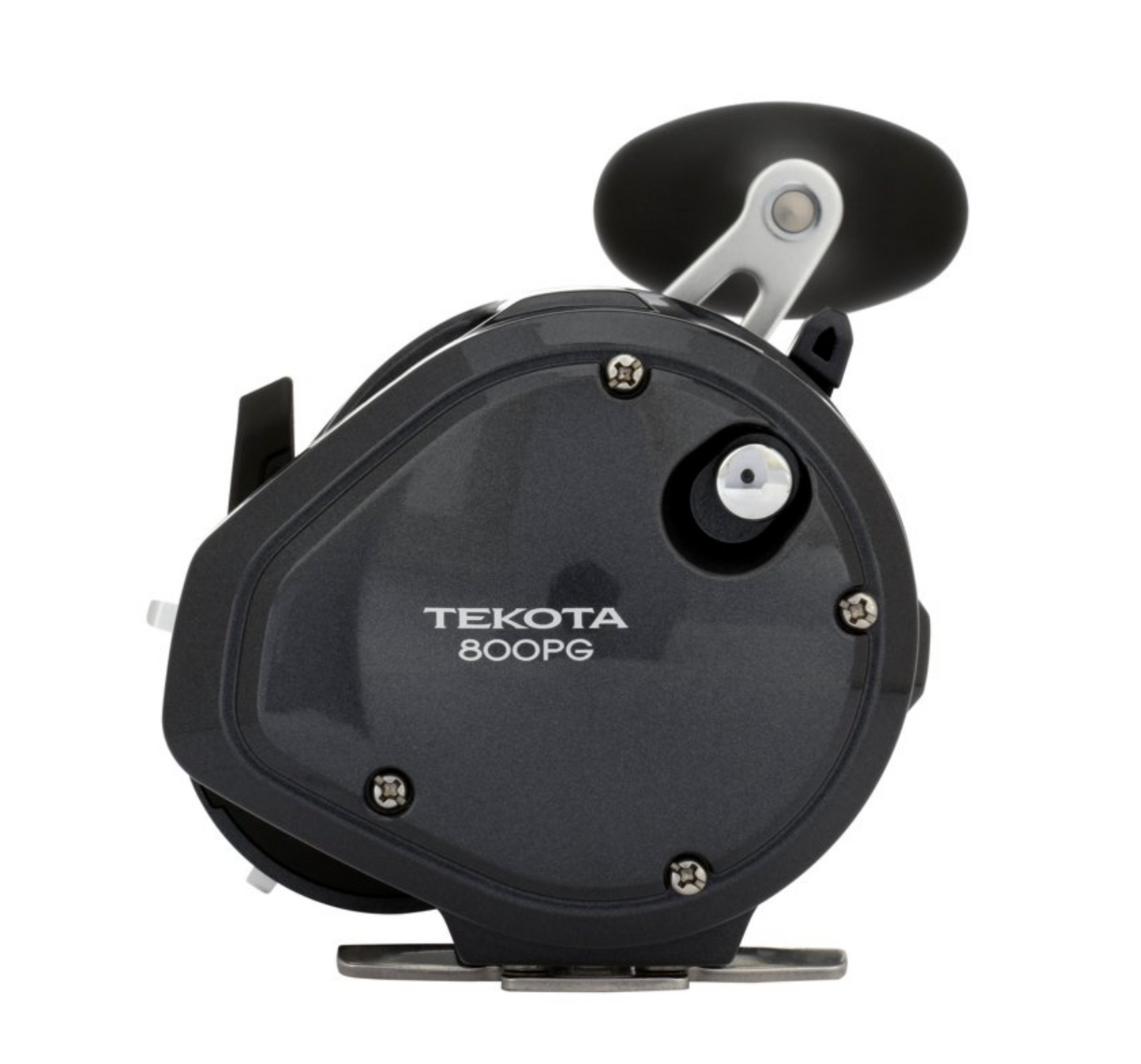 Black fishing reel with 'Tekota' branding on a white background