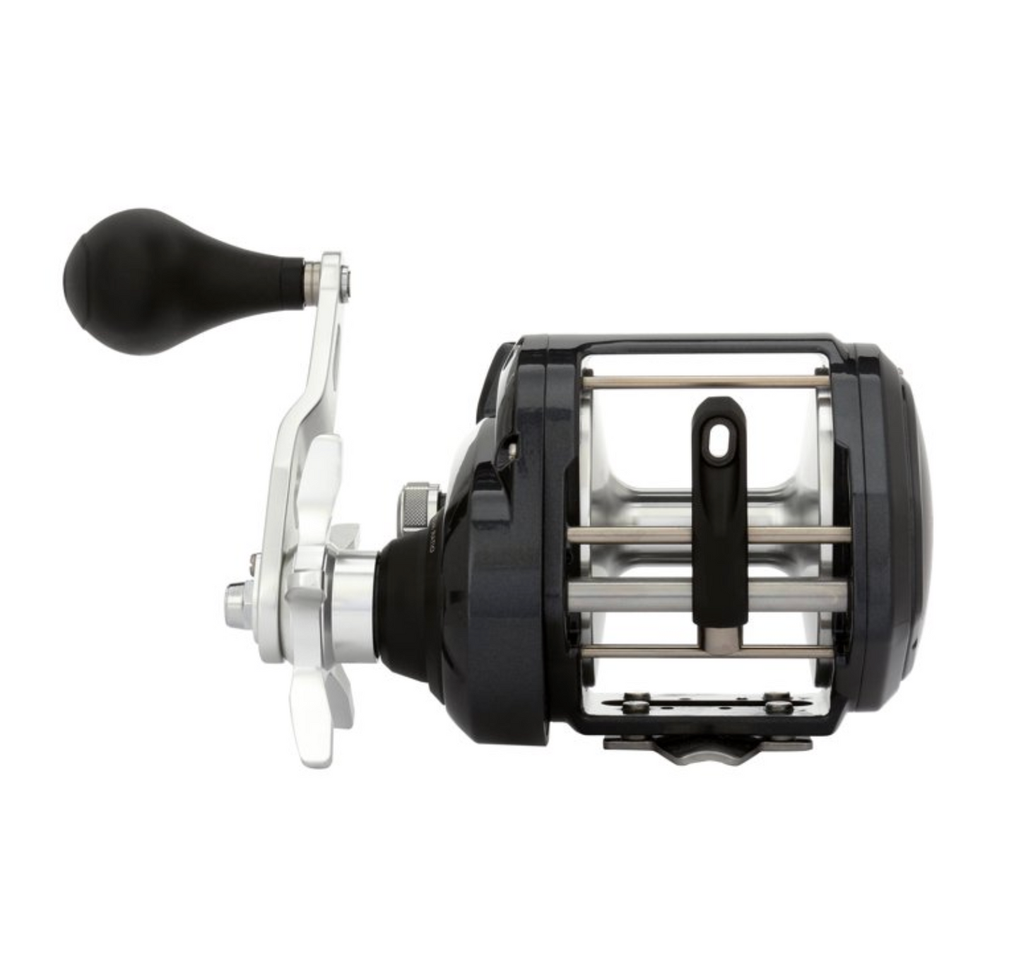 Fishing reel with black and silver design on a white background