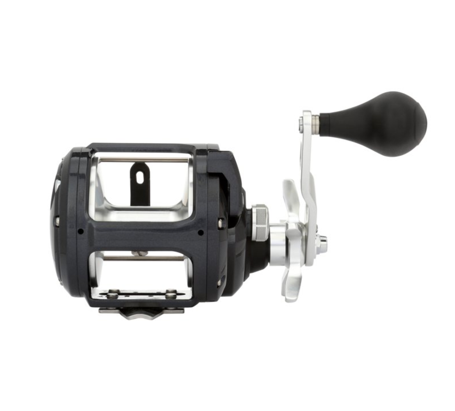 Fishing reel with black and silver design on a white background