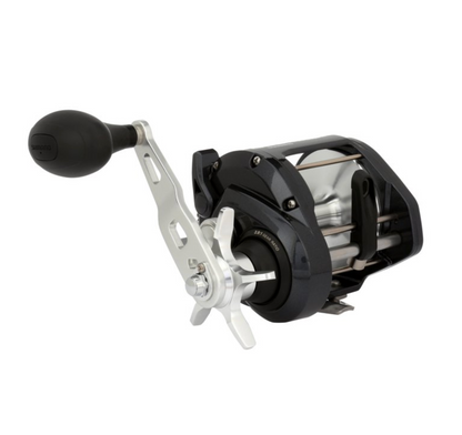 Fishing reel with black and silver design on a white background