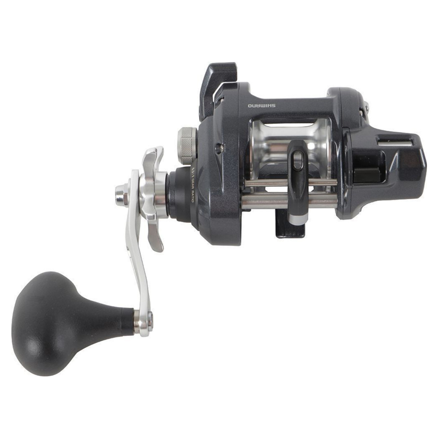 Black fishing reel with 'Tekota' branding on a white background
