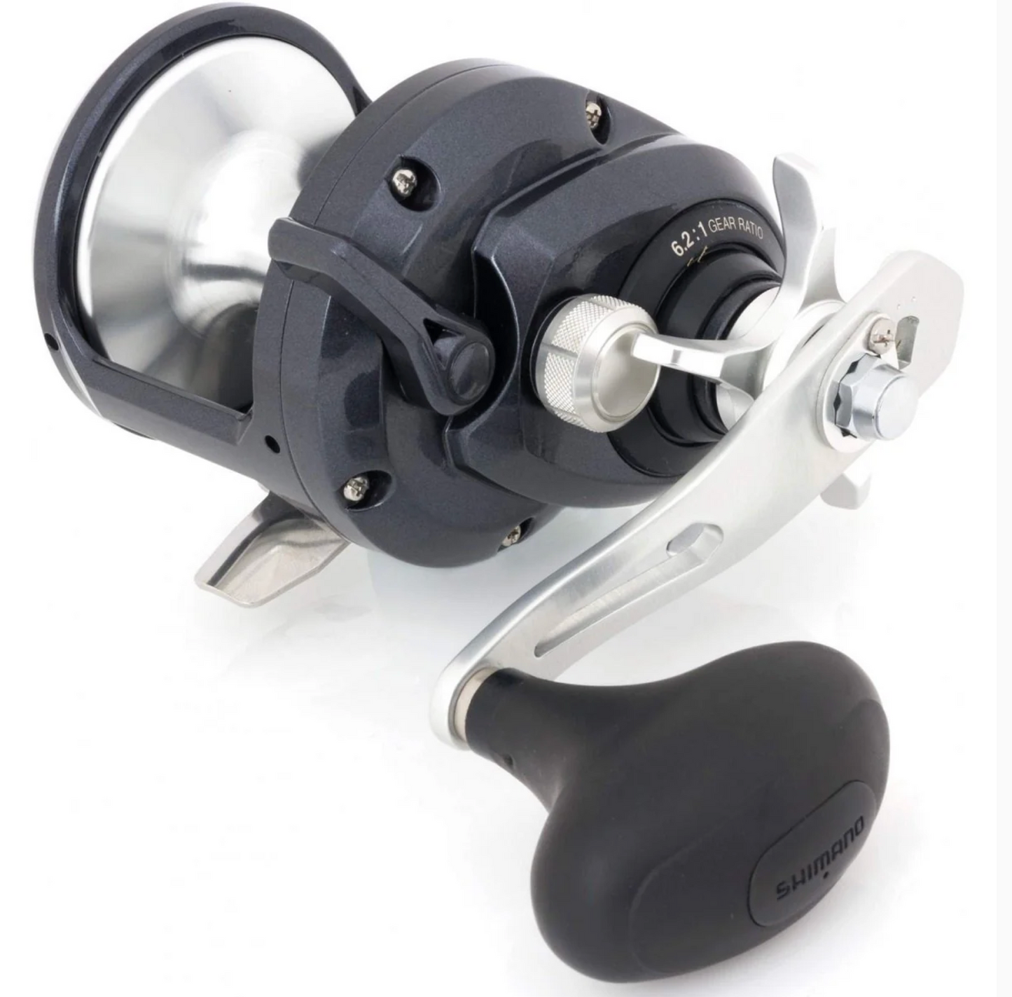 Fishing reel with black and silver design on a white background