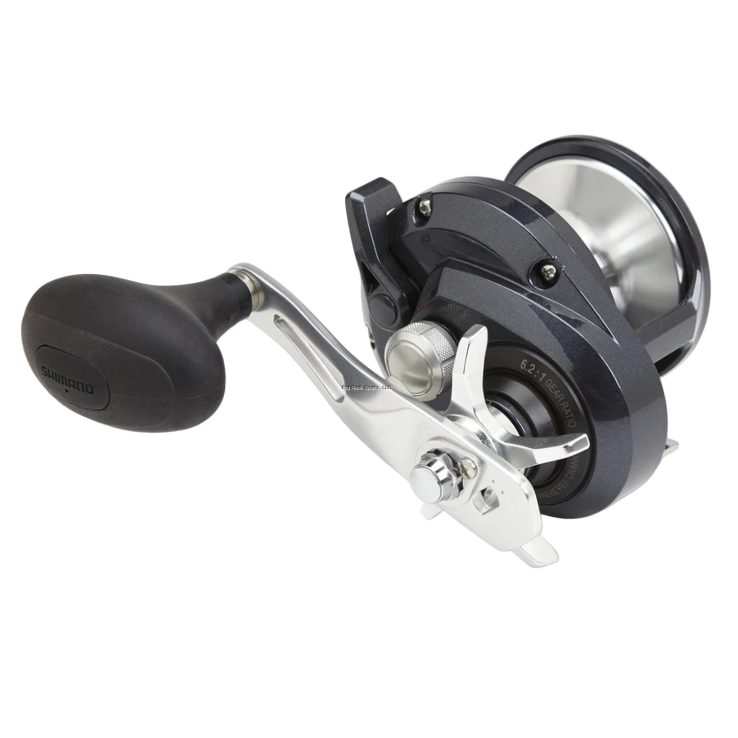 Fishing reel with a black handle on a white background