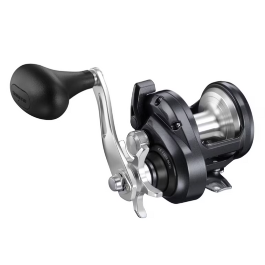 Fishing reel with black and silver design on a white background