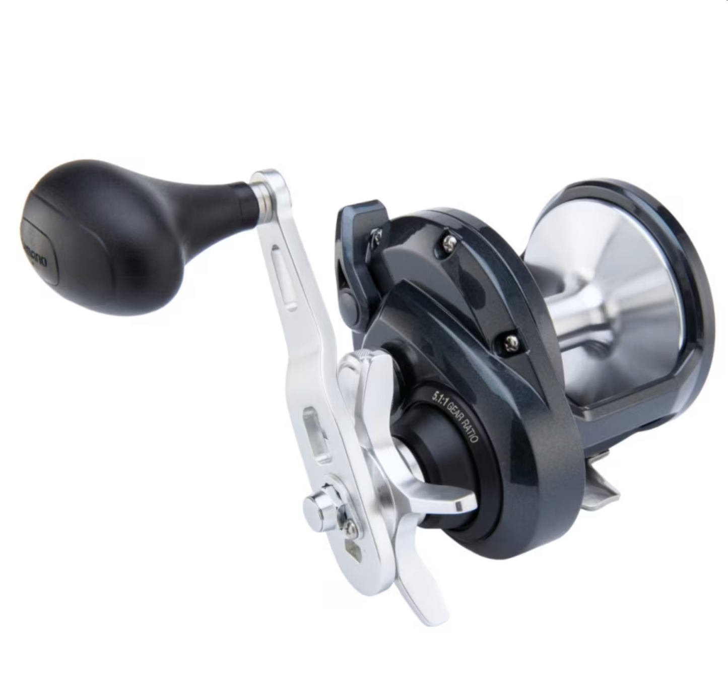 Fishing reel with black and silver design on a white background