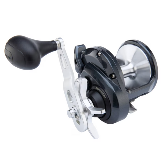 Fishing reel with black and silver design on a white background