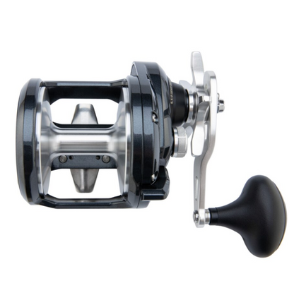 Fishing reel with black and silver design on a white background