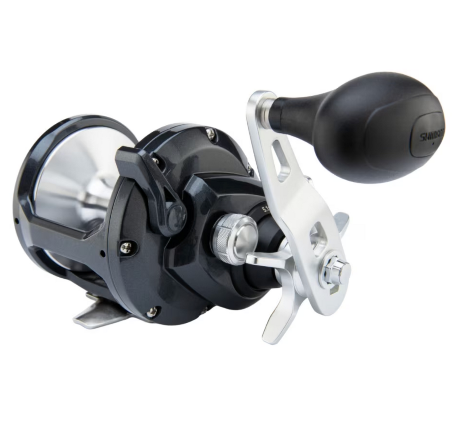 Fishing reel with black and silver design on a white background