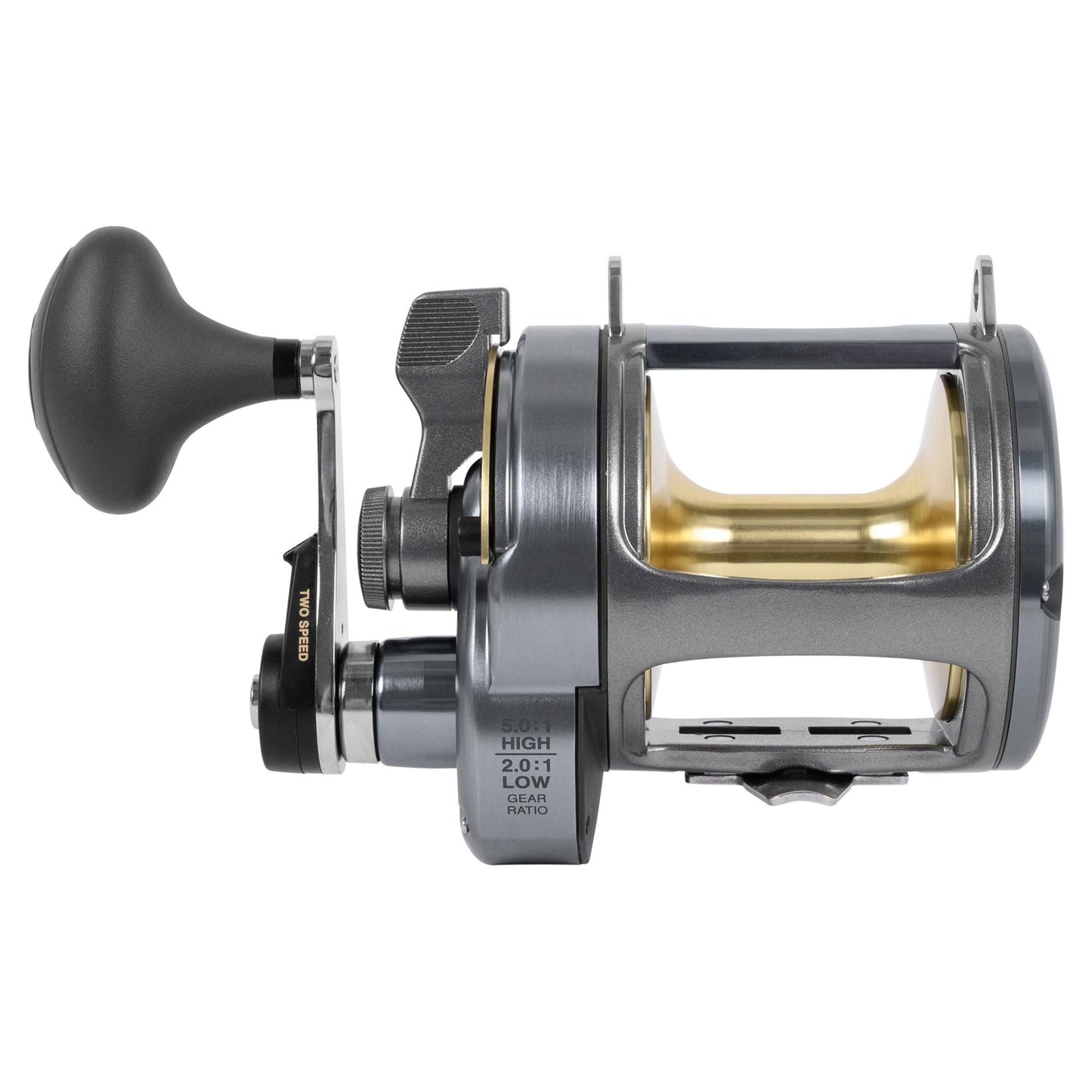 Fishing reel with metallic finish on a white background