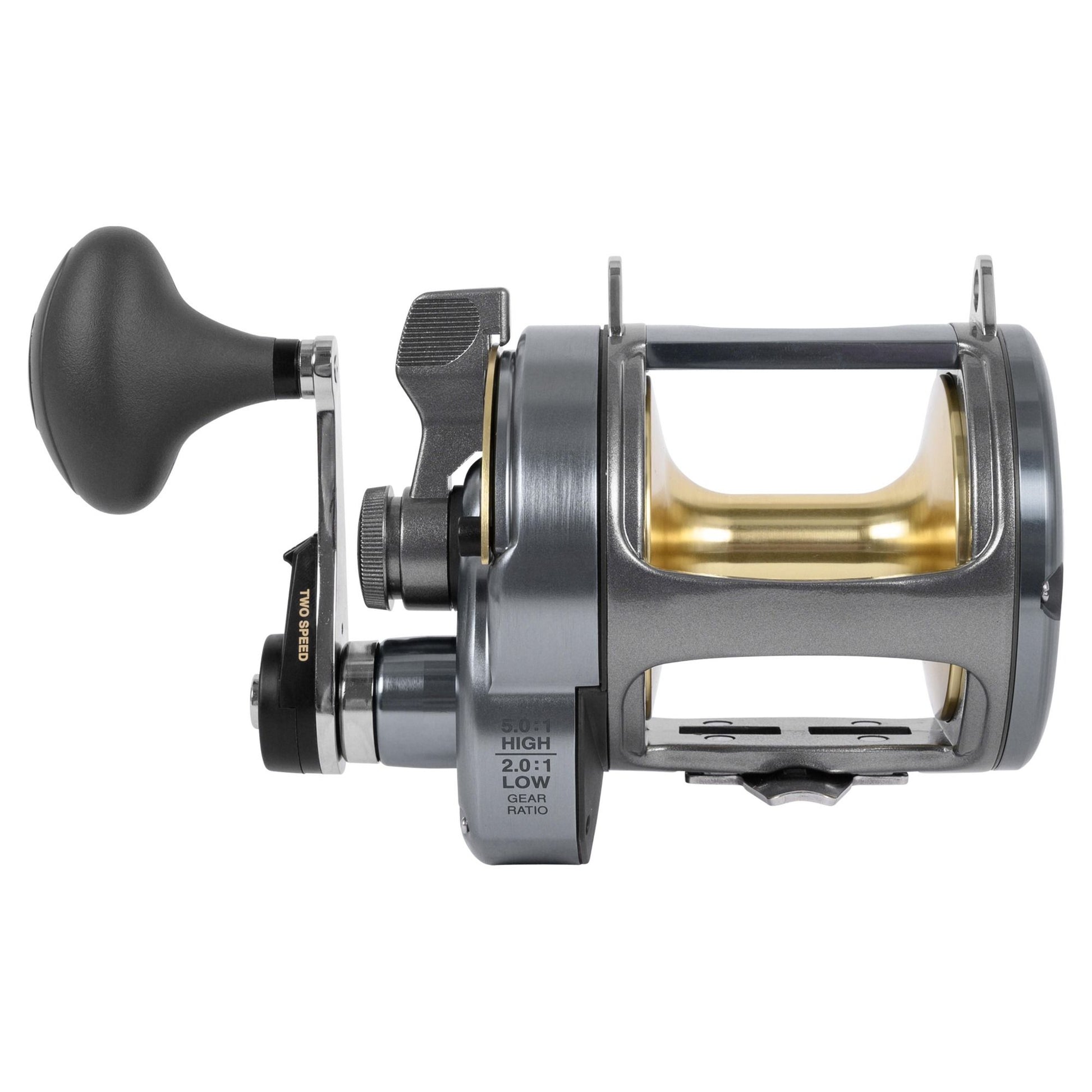 Fishing reel with metallic finish on a white background