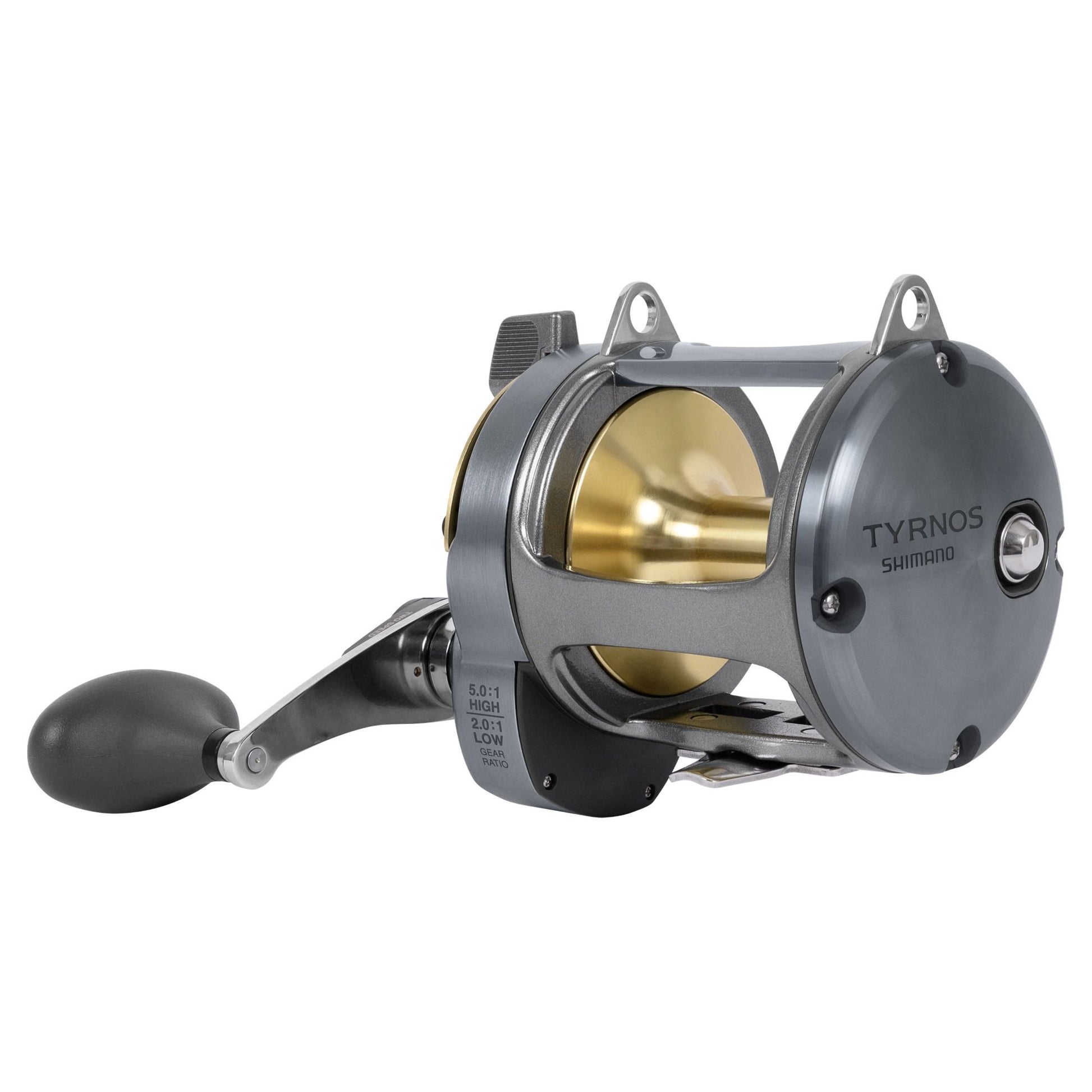 Fishing reel with metallic finish on a white background