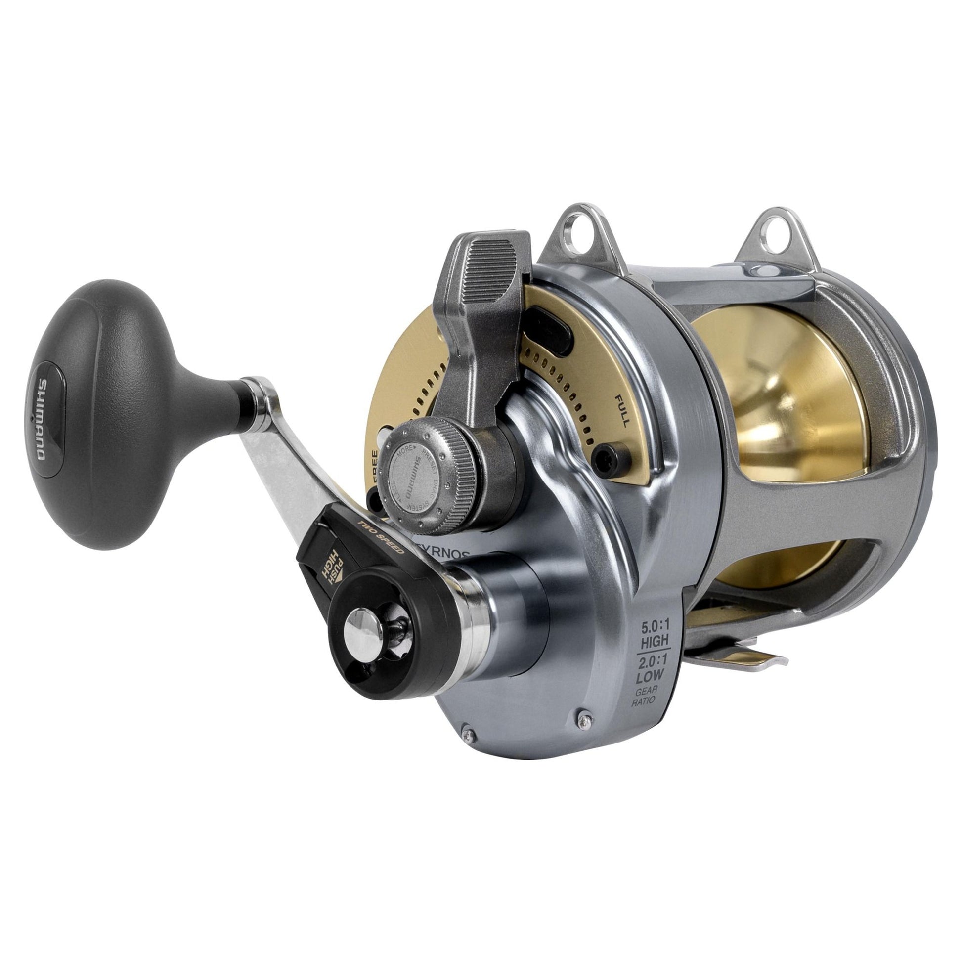 Fishing reel with metallic finish on a white background