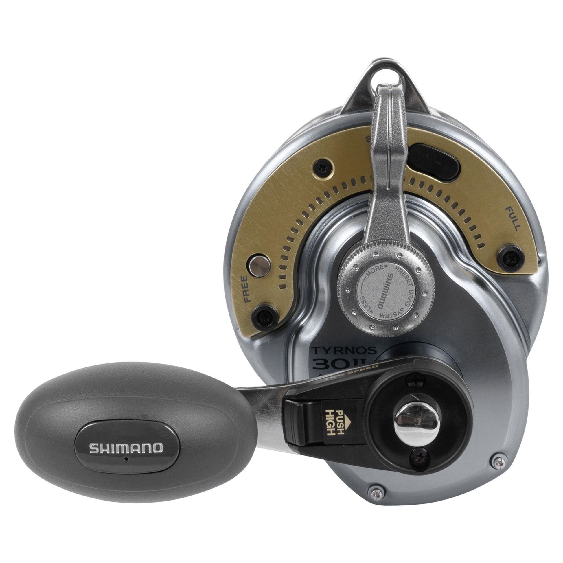 Fishing reel with metallic finish on a white background