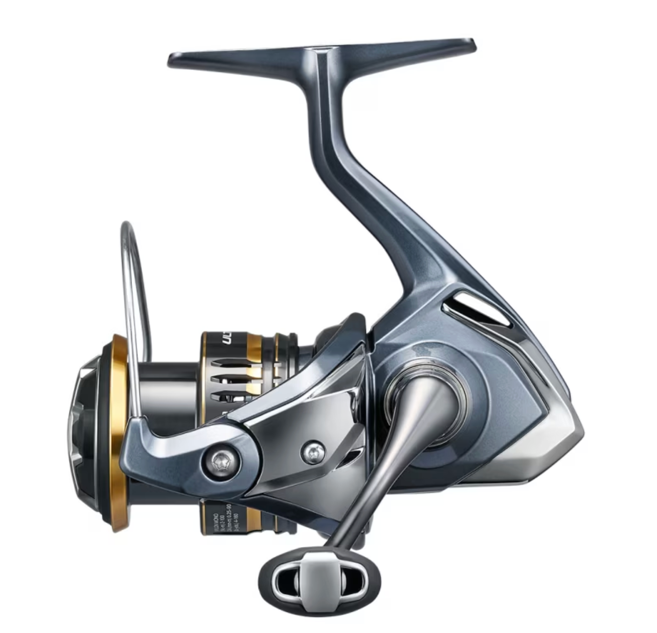 Fishing reel with metallic finish on a white background
