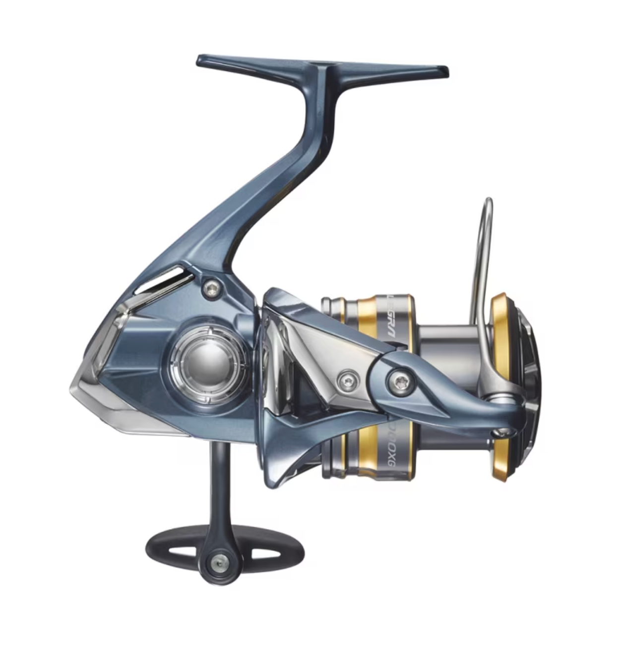 Fishing reel with metallic finish on a white background