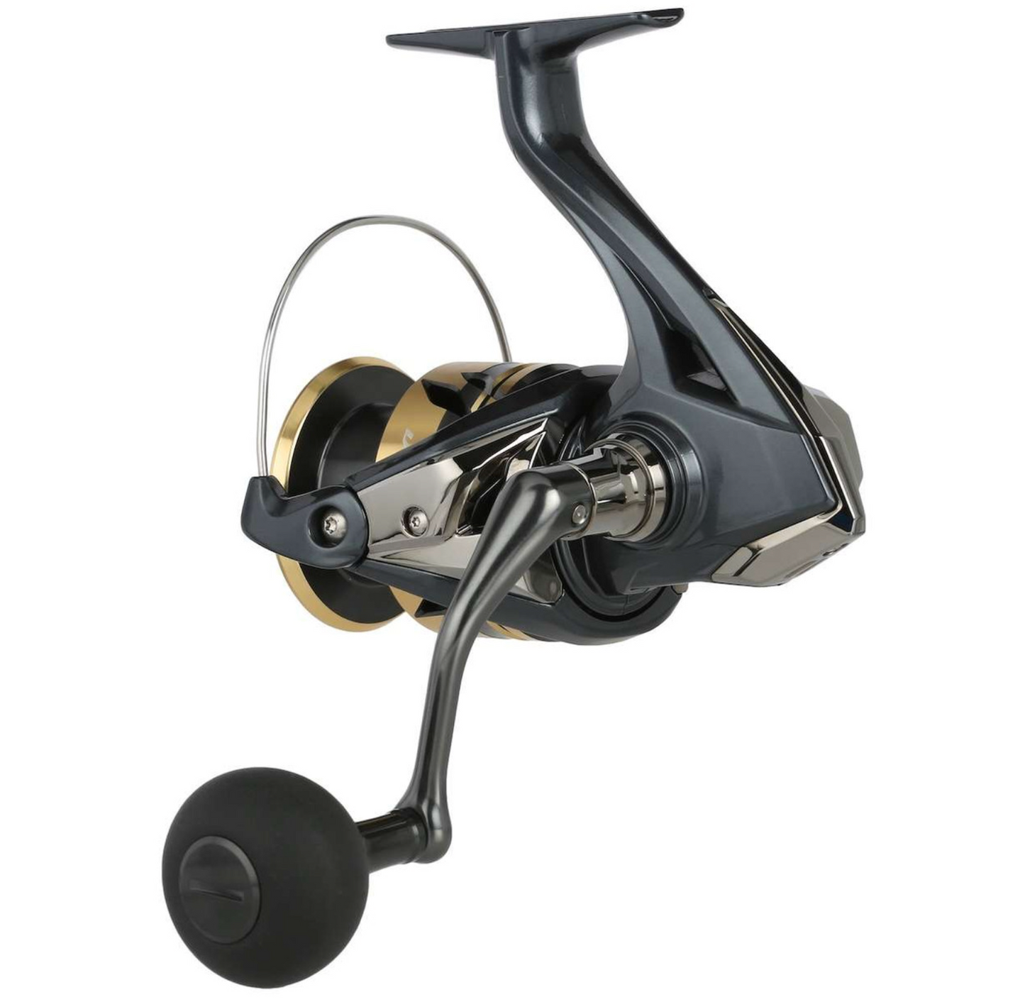 Fishing reel with metallic and black finish on a white background