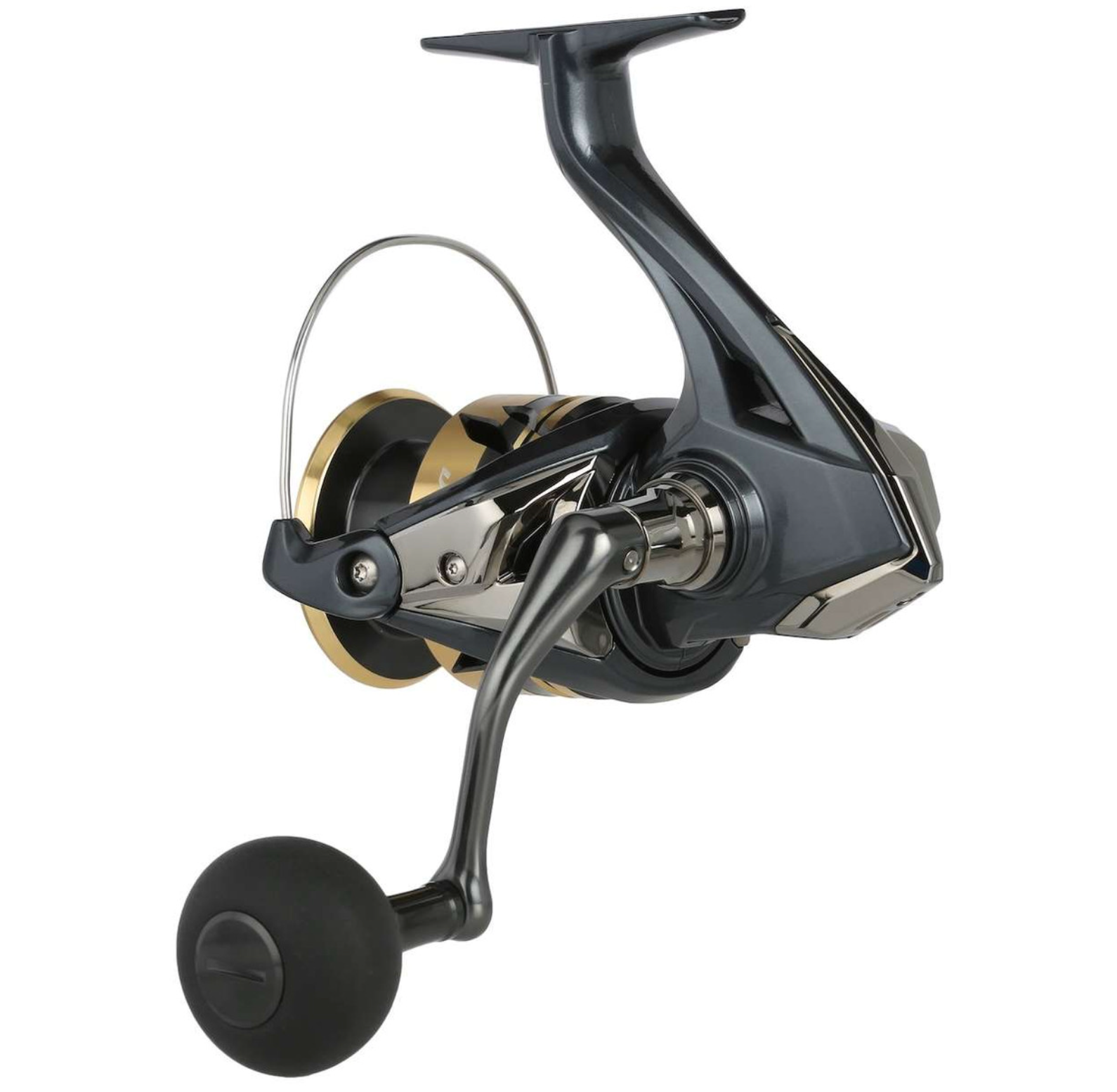 Fishing reel with metallic and black finish on a white background