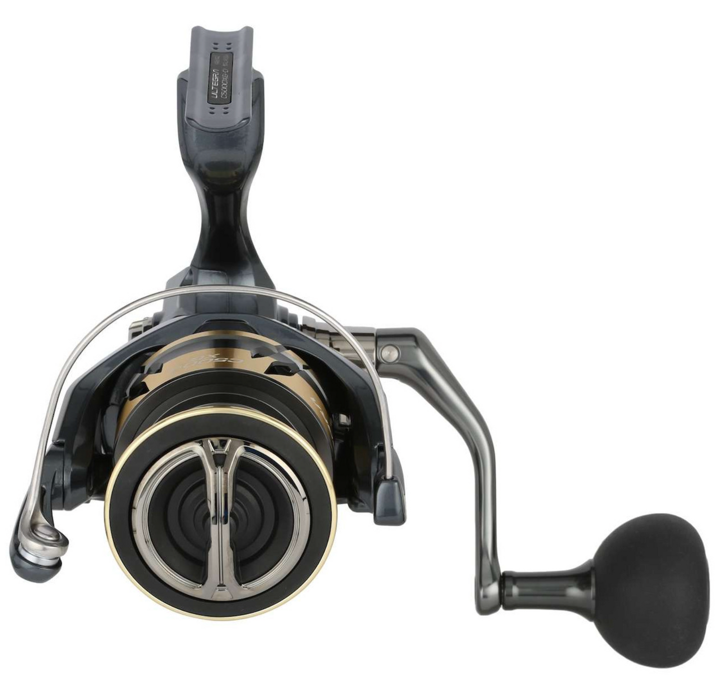 Fishing reel with metallic and black components on a white background