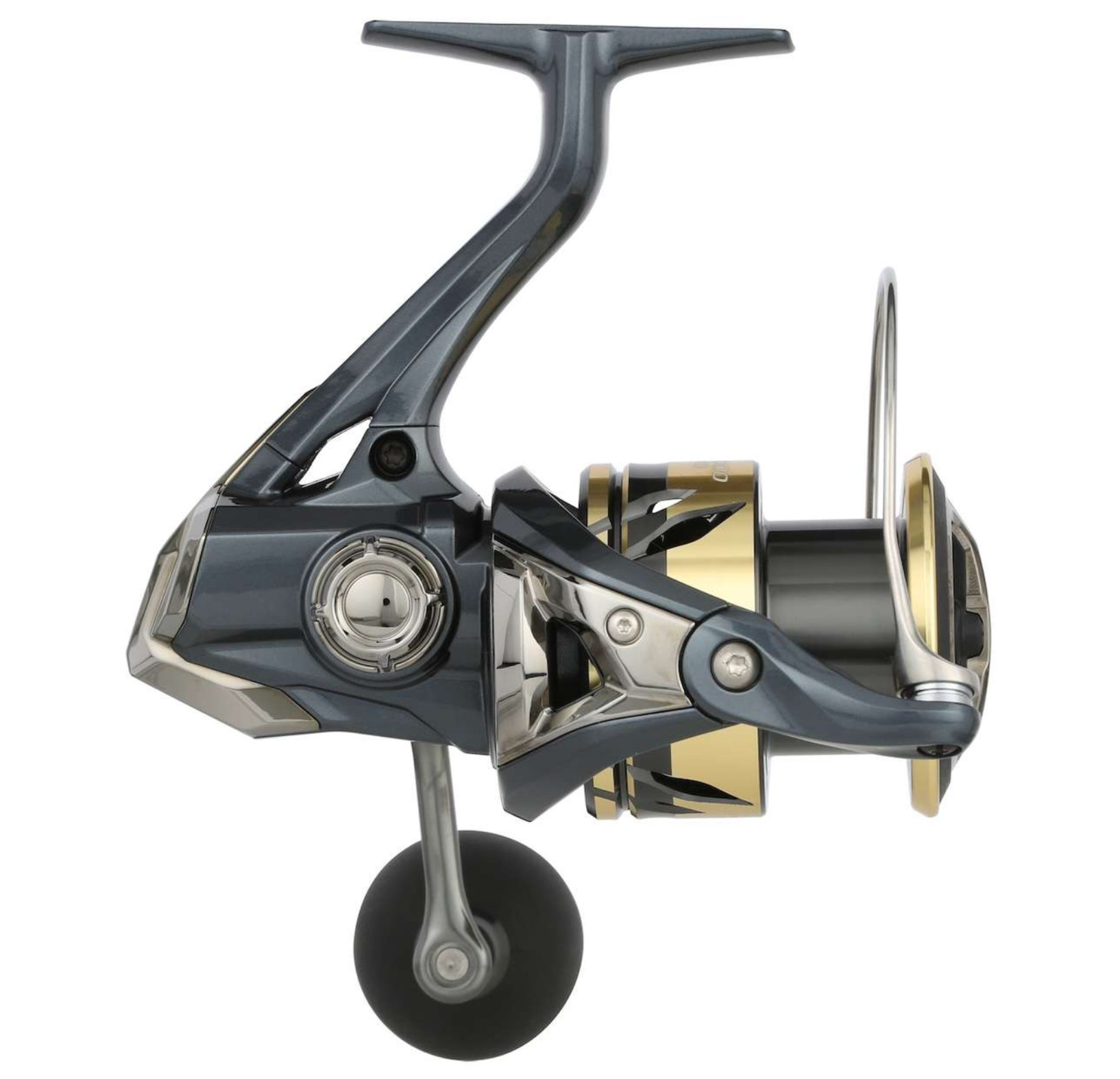 Fishing reel with metallic finish on a white background