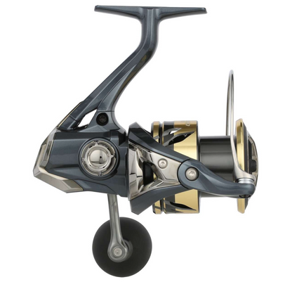 Fishing reel with metallic finish on a white background