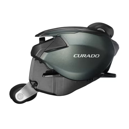 Fishing reel with 'Curado' branding on a white background