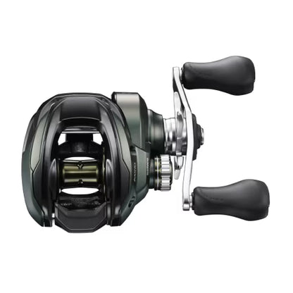 Fishing reel with black handle on a white background