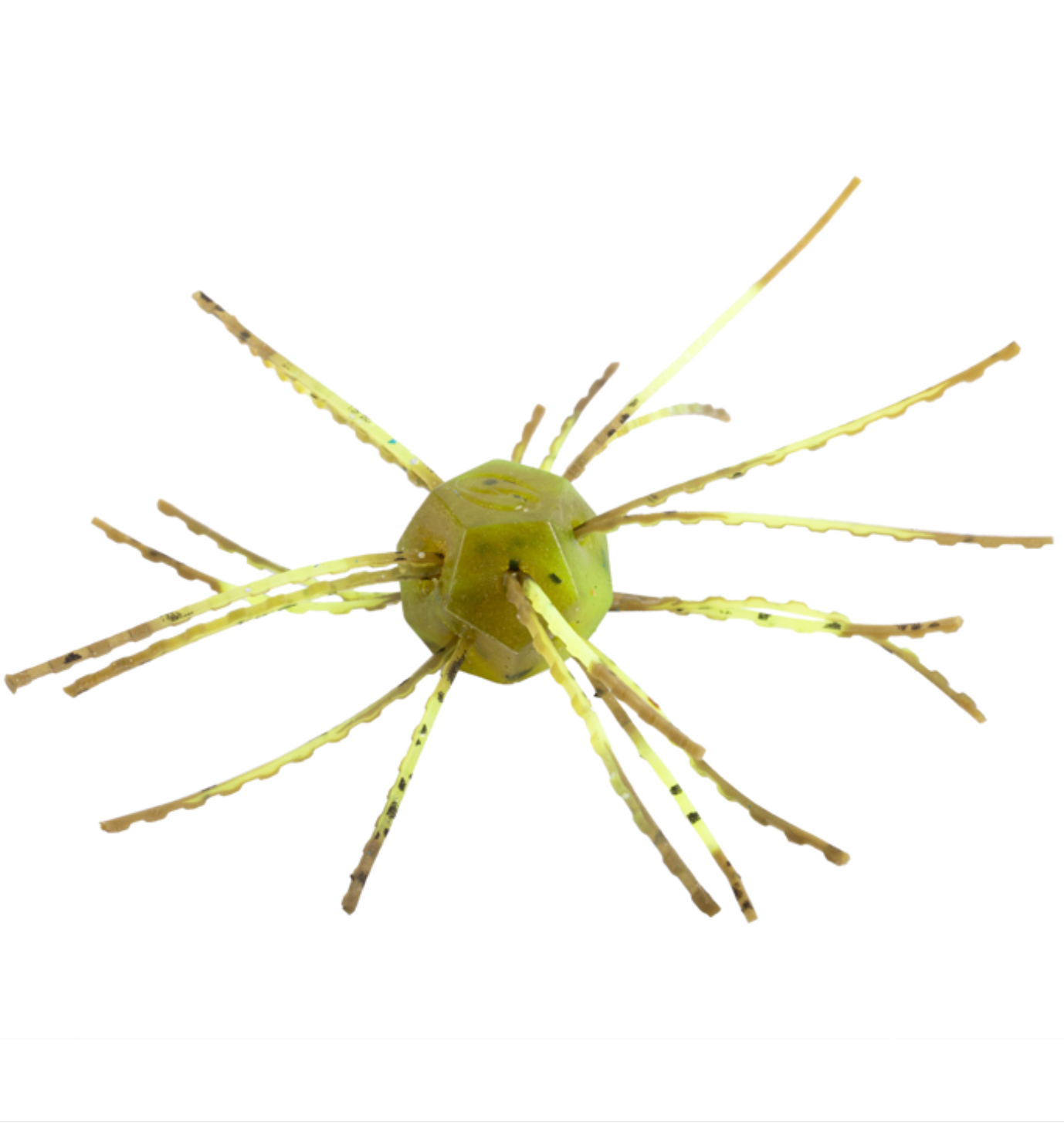 Green spherical object with extended thin stems on a white background