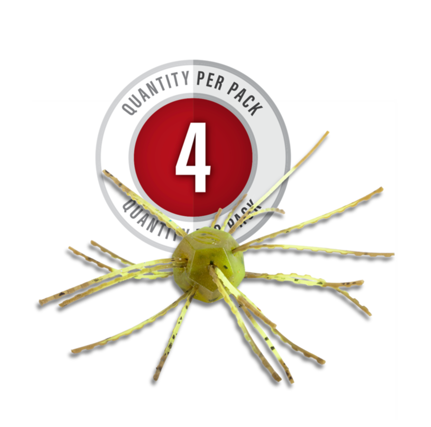 Yellow fishing lure with a label indicating quantity per pack on a white background