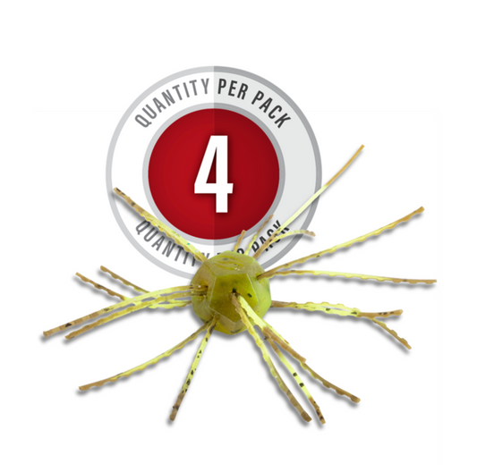 Yellow fishing lure with a label indicating quantity per pack on a white background