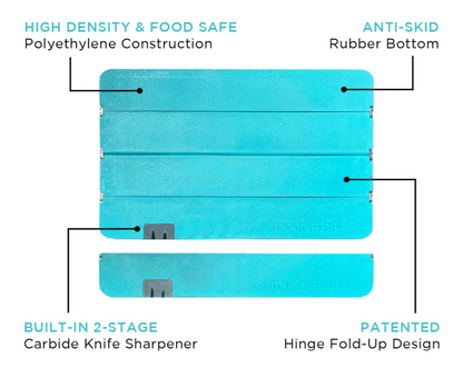 TOADFISH XL STOWAWAY FOLDING CUTTING BOARD W BUILT IN KNIFE SHARPENER TEAL